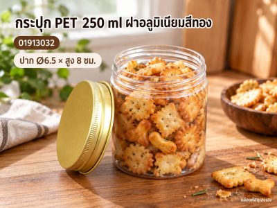 กระปุก PET 250 ml ฝาอลูมิเนียมสีทอง 6.50x6.50x8.00 ซม.