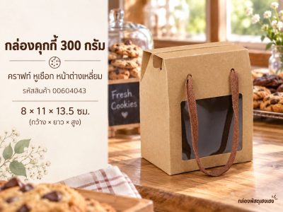 กล่องคุกกี้คราฟท์ หูเชือก 300g หน้าต่างเหลี่ยม 8x11x13.5 ซม.