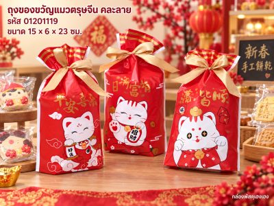 ถุงของขวัญ พร้อมโบว์ ลายแมวตรุษจีน คละลาย ขนาด 15x6x23 ซม.