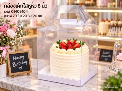 กล่องเค้กพลาสติกใสหูหิ้ว ทรงสูง ขนาด 8 นิ้ว (20.3x20.3x20 ซม.)