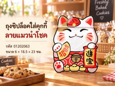 ถุงซิปล็อคใส่คุกกี้ ลาย แมวนำโชค 6x18.5x23 ซม.