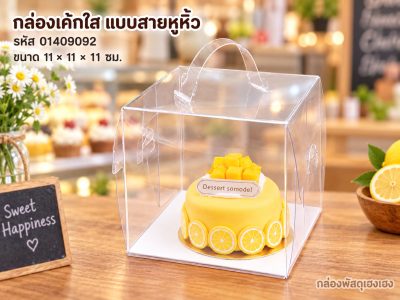 กล่องเค้กพลาสติก แบบสายหูหิ้ว ขนาด 11x11x11 ซม.