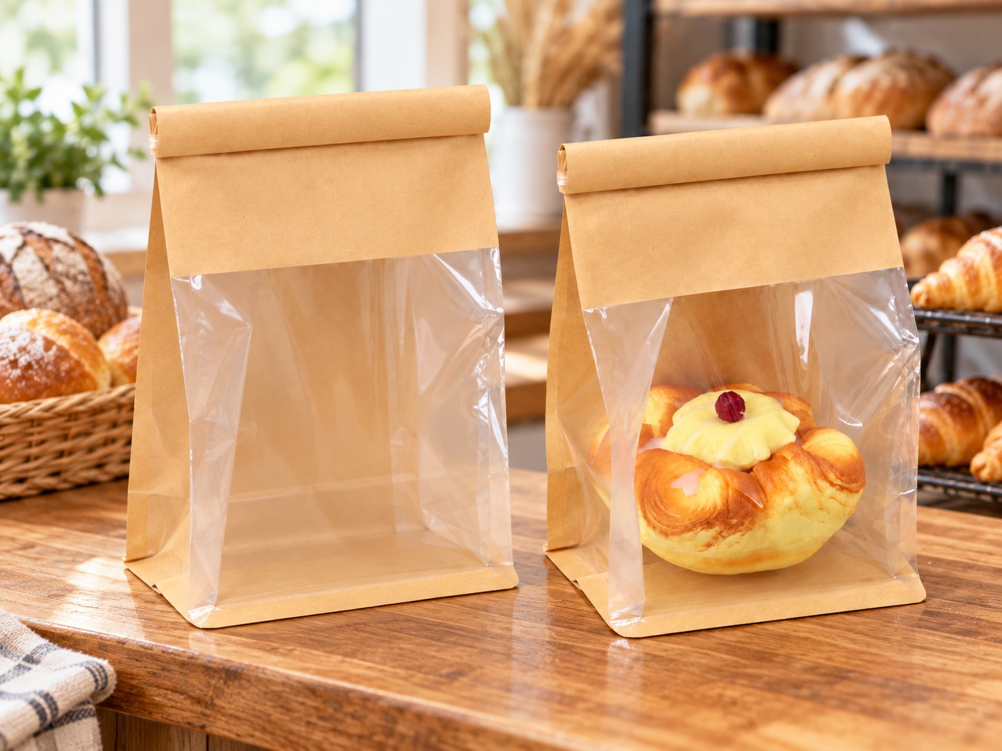 ถุงขนมปังคราฟท์หน้าต่างใสในฉากจัดขนมของร้านเบเกอรี่