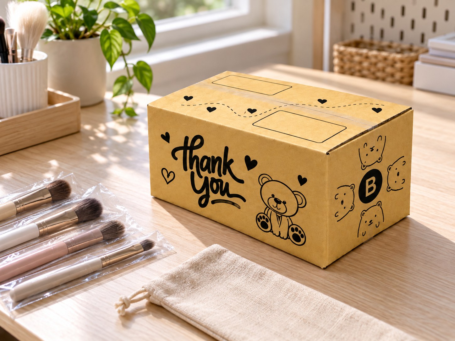 กล่อง B Thank You ลายหมีข้างแปรงแต่งหน้าใหม่ในปลอกและซองผ้า