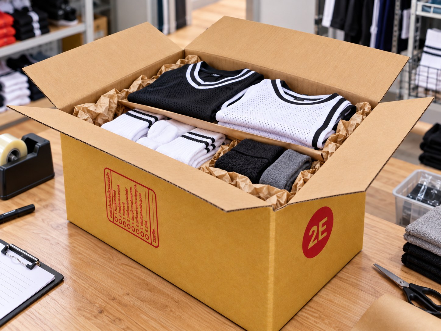 ตัวอย่างการจัดชุดเสื้อซ้อมและถุงเท้าในกล่อง 2E