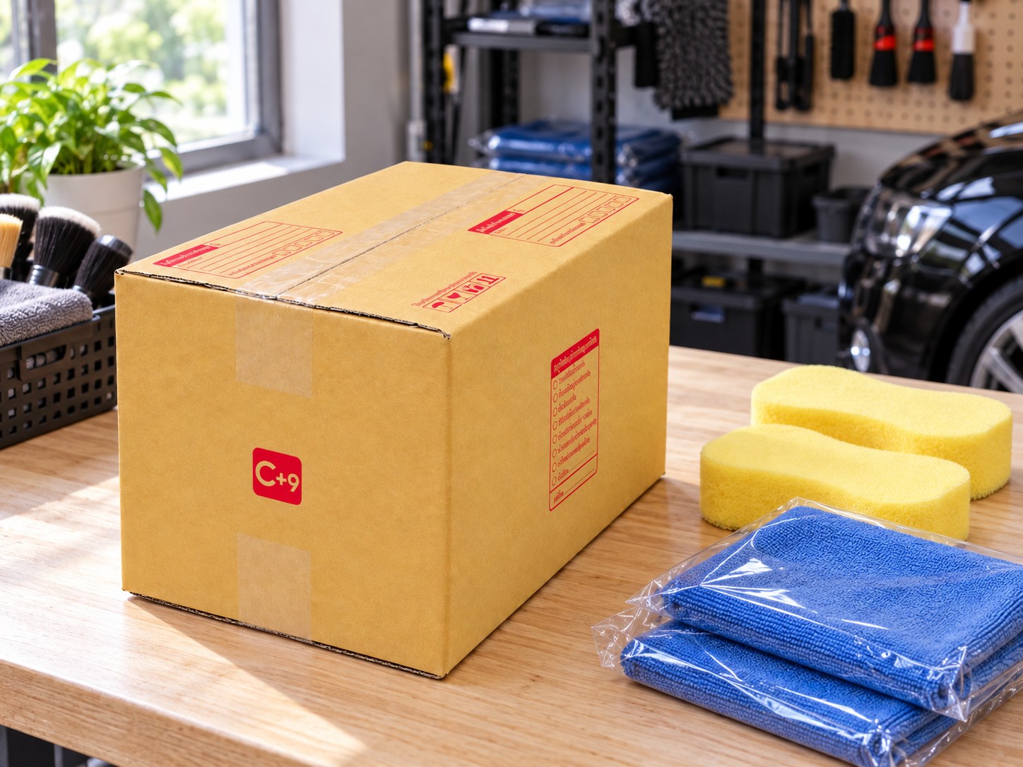 กล่อง C+9 ข้างฟองน้ำล้างรถใหม่และผ้าไมโครไฟเบอร์ที่ใส่ถุง