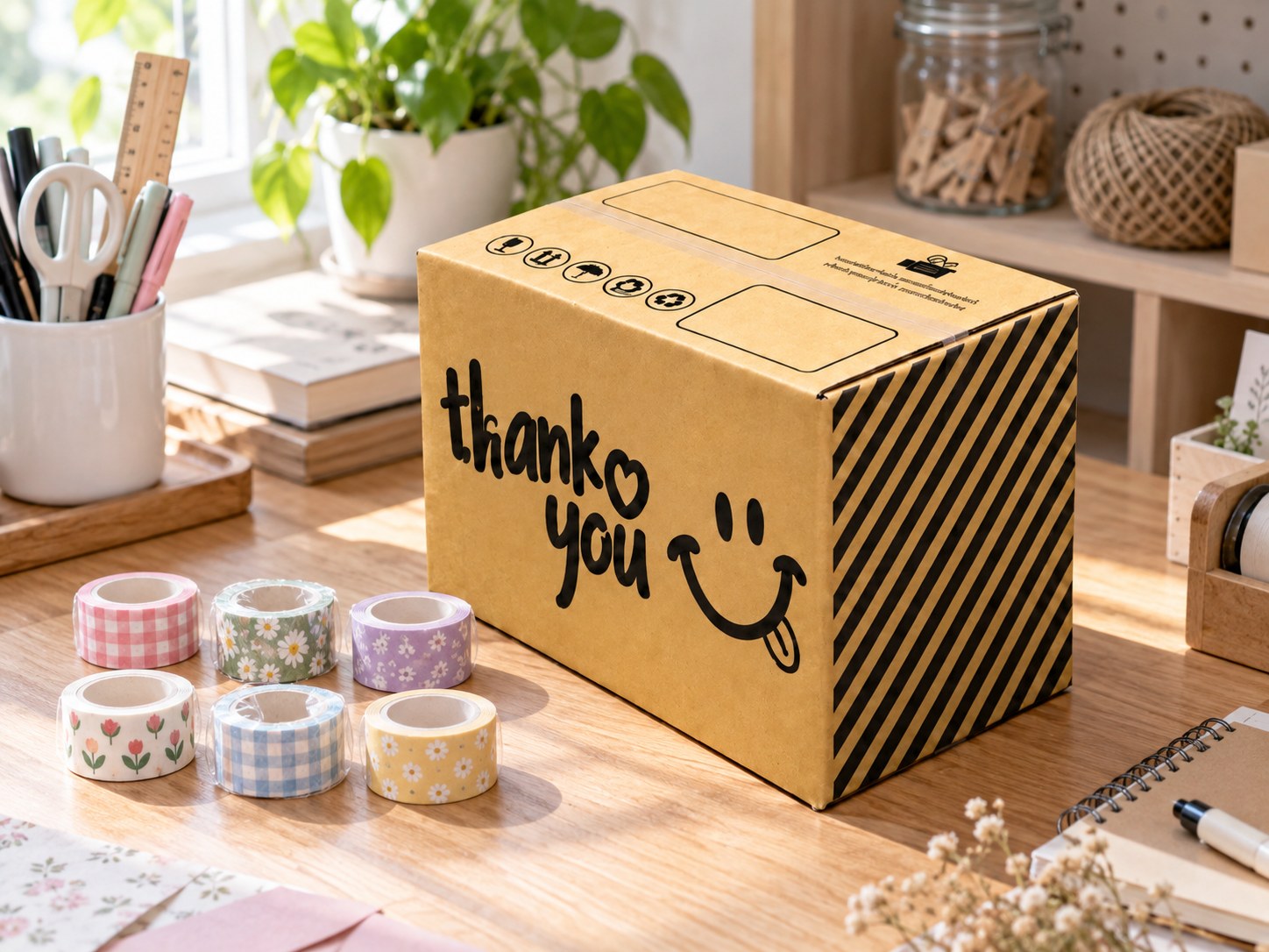กล่อง 2B Thank You ลายยิ้มข้างม้วนเทปวาชิคละลายบนโต๊ะเครื่องเขียน