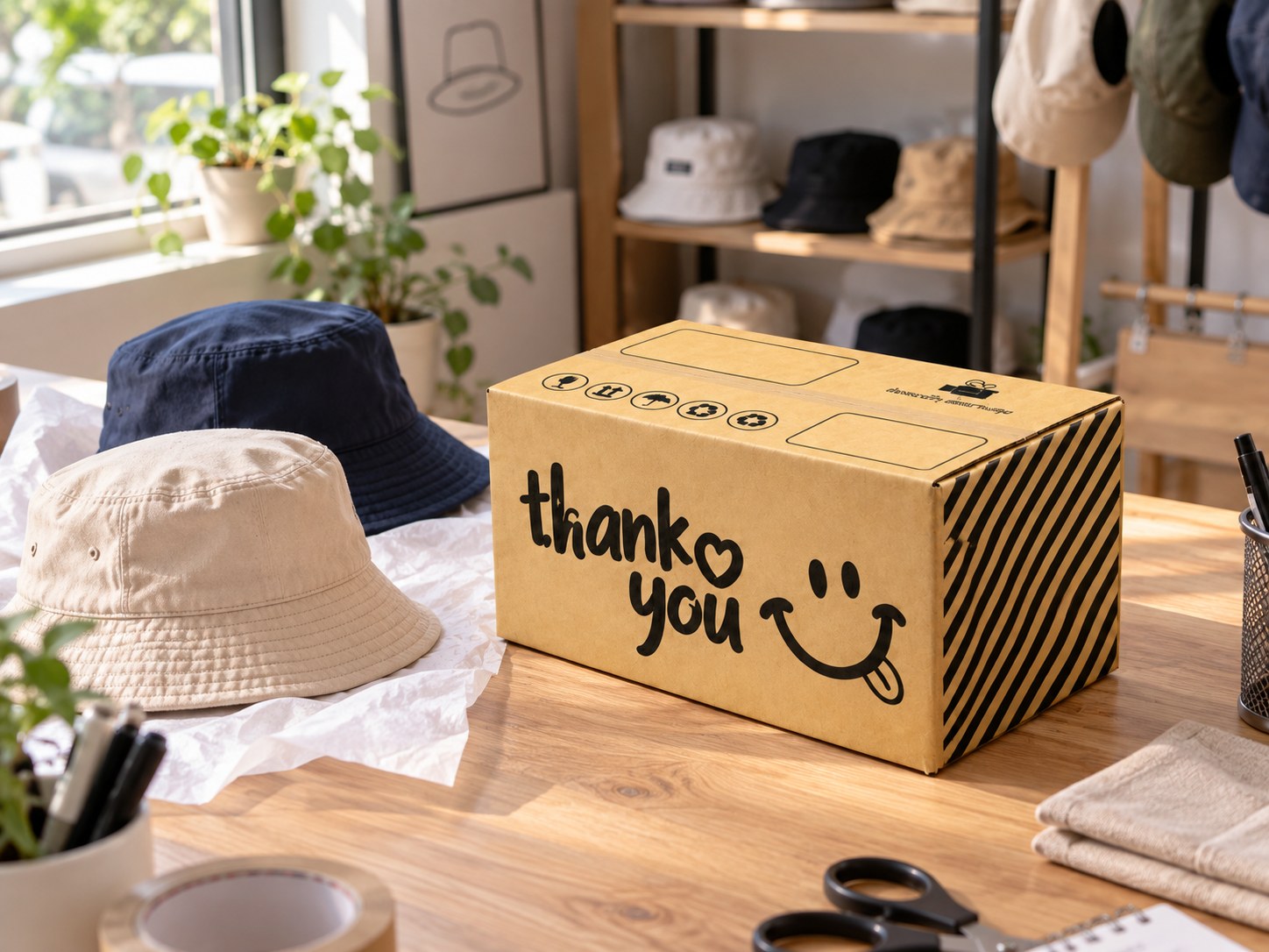 กล่อง D Thank You ลายยิ้มข้างหมวกบักเก็ตผ้านิ่มและกระดาษรองทรง