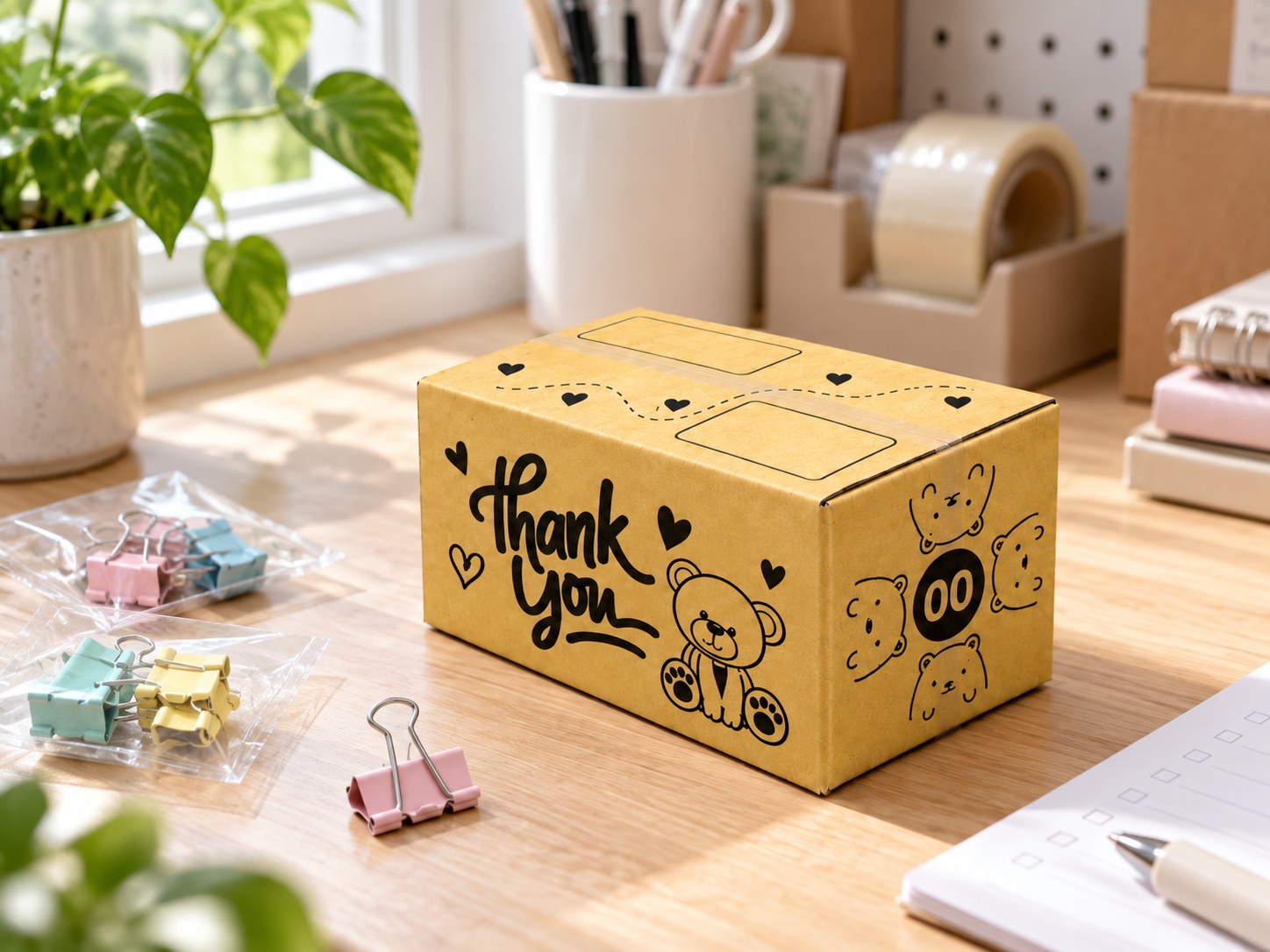 กล่อง 00 Thank You ลายหมีข้างคลิปหนีบกระดาษสีพาสเทลในถุงปิด