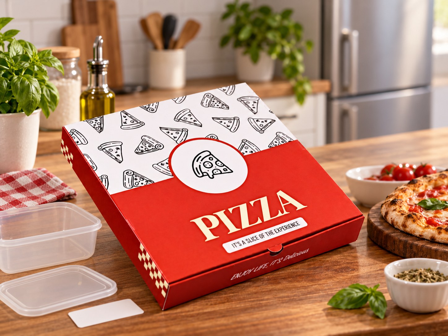 กล่องพิซซ่า Classic Slice สีแดงขาวพิมพ์ลายชิ้นพิซซ่า วางบนเคาน์เตอร์ครัวคู่กับภาชนะตื้นเปล่าสำหรับเก็บอาหารและพิซซ่าตัวอย่างบนเขียงแยก